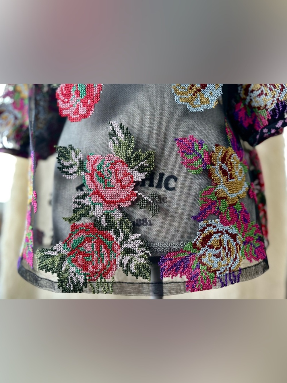 Anna Sui Sheer Black Floral Beaded Blouse with Ribbon Tie - Picture 4 of 15